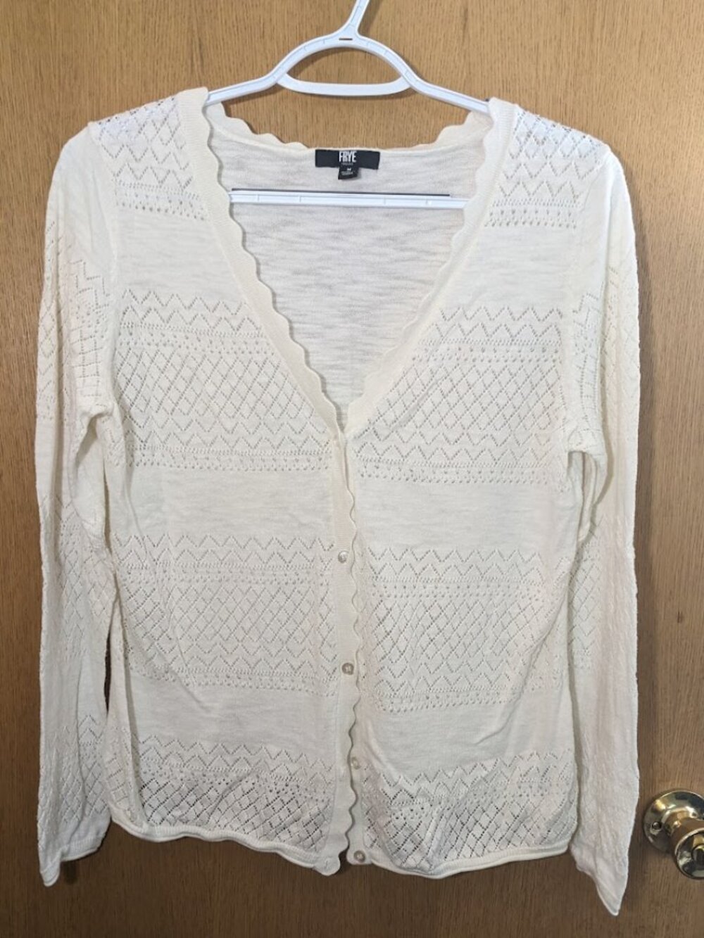 Frye Pointelle Knit Cotton Cardigan Size M Cream / Ivory Scalloped
